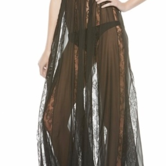 La perla black tea rose silk sheer lace maxi nightgown chemise lingerie gown - Picture 2 of 3